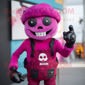 Magenta Skull mascot costume character dressed with a Dungarees and Mittens
