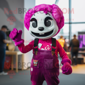 Magenta Skull mascot costume character dressed with a Dungarees and Mittens