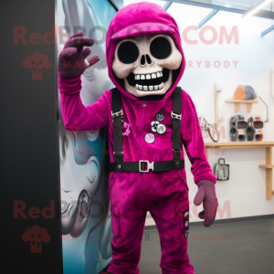 Magenta Skull mascot costume character dressed with a Dungarees and Mittens