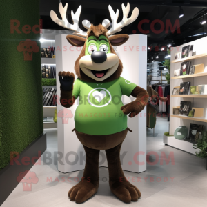 Olive Reindeer mascot costume character dressed with a Graphic Tee and Rings