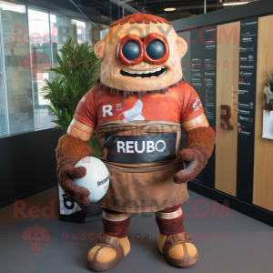 Rust Cyclops mascot costume character dressed with a Rugby Shirt and Belts