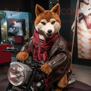 Maroon Dingo mascot costume character dressed with a Moto Jacket and Shawls