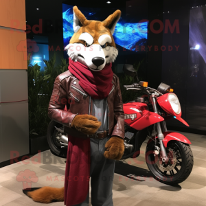 Maroon Dingo mascot costume character dressed with a Moto Jacket and Shawls