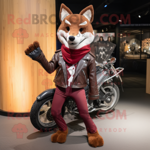 Maroon Dingo mascot costume character dressed with a Moto Jacket and Shawls