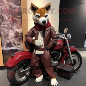 Maroon Dingo mascot costume character dressed with a Moto Jacket and Shawls