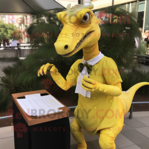 Lemon Yellow Parasaurolophus mascot costume character dressed with a Pencil Skirt and Clutch bags