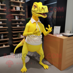 Lemon Yellow Parasaurolophus mascot costume character dressed with a Pencil Skirt and Clutch bags