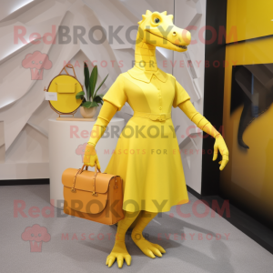 Lemon Yellow Parasaurolophus mascot costume character dressed with a Pencil Skirt and Clutch bags