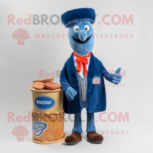 Blue Currywurst mascot costume character dressed with a Waistcoat and Pocket squares