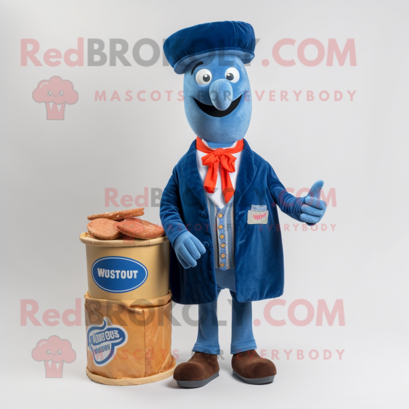 Blue Currywurst mascot costume character dressed with a Waistcoat and Pocket squares Blue Currywurst mascot costume character dressed with a Waistcoat and Pocket squares