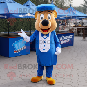 Blue Currywurst mascot costume character dressed with a Waistcoat and Pocket squares