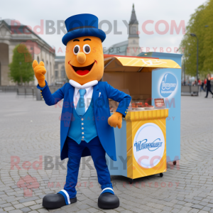 Blue Currywurst mascot costume character dressed with a Waistcoat and Pocket squares