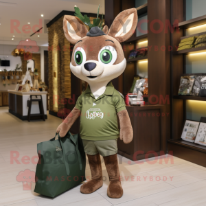Olive Deer mascot costume character dressed with a Henley Tee and Tote bags