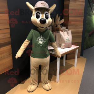 Olive Deer mascot costume character dressed with a Henley Tee and Tote bags