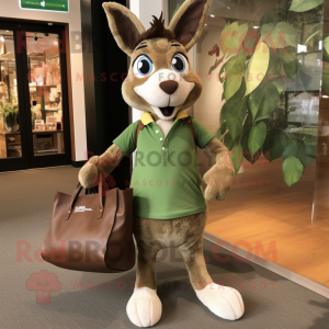 Olive Deer mascot costume character dressed with a Henley Tee and Tote bags