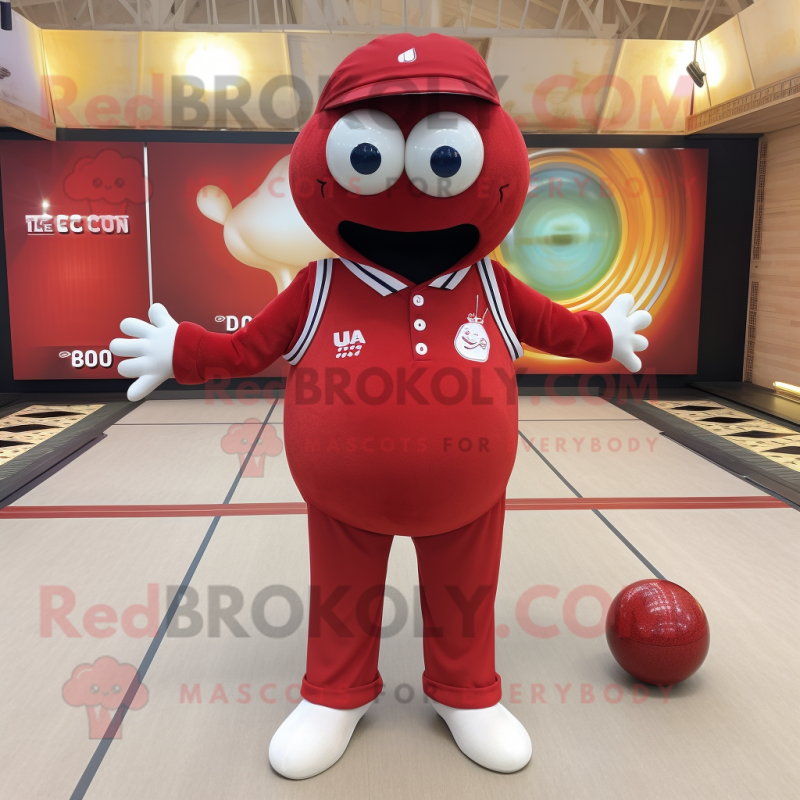 Red Petanque Ball mascot costume character dressed with a V-Neck Tee and Brooches Red Petanque Ball mascot costume character dressed with a V-Neck Tee and Brooches
