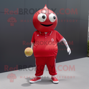 Red Petanque Ball mascot costume character dressed with a V-Neck Tee and Brooches