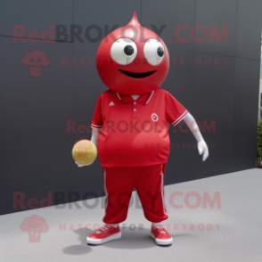 Red Petanque Ball mascot costume character dressed with a V-Neck Tee and Brooches