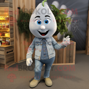 Silver Pear mascot costume character dressed with a Denim Shirt and Shoe clips