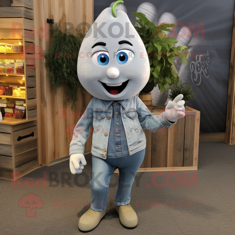 Silver Pear mascot costume character dressed with a Denim Shirt and Shoe clips