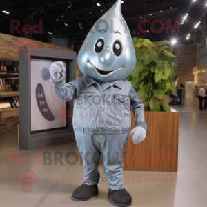 Silver Pear mascot costume character dressed with a Denim Shirt and Shoe clips