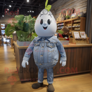 Silver Pear mascot costume character dressed with a Denim Shirt and Shoe clips