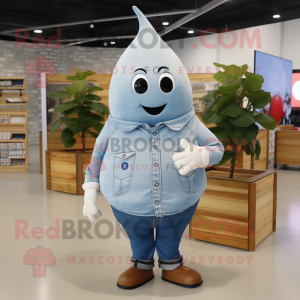 Silver Pear mascot costume character dressed with a Denim Shirt and Shoe clips