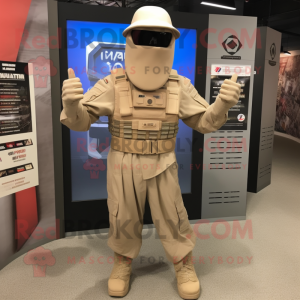 Beige Gi Joe mascot costume character dressed with a Sweater and Hats