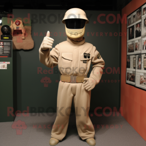 Beige Gi Joe mascot costume character dressed with a Sweater and Hats