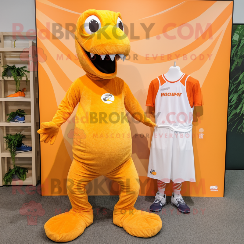 Orange Diplodocus mascot costume character dressed with a Board Shorts and Shoe laces Orange Diplodocus mascot costume character dressed with a Board Shorts and Shoe laces