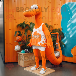 Orange Diplodocus mascot costume character dressed with a Board Shorts and Shoe laces