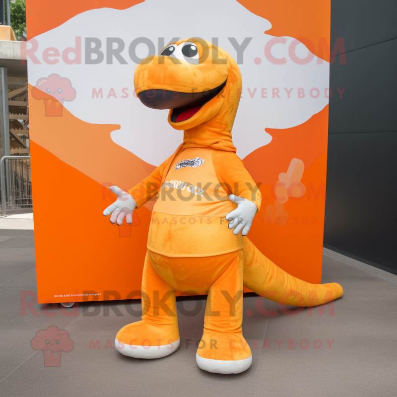 Orange Diplodocus mascot costume character dressed with a Board Shorts and Shoe laces Orange Diplodocus mascot costume character dressed with a Board Shorts and Shoe laces