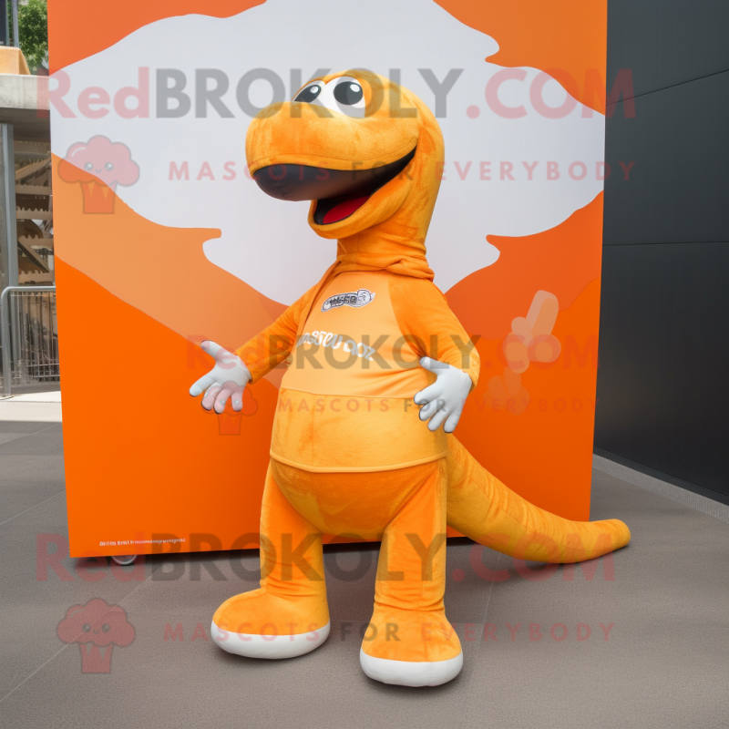 Orange Diplodocus mascot costume character dressed with a Board Shorts and Shoe laces