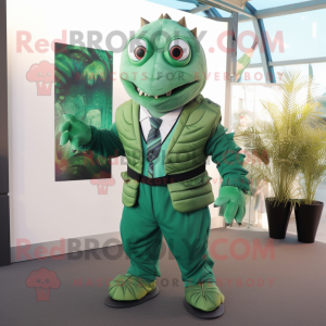 Green Trilobite mascot costume character dressed with a Suit Jacket and Suspenders