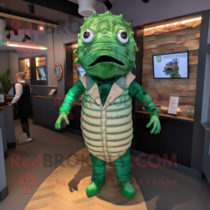 Green Trilobite mascot costume character dressed with a Suit Jacket and Suspenders