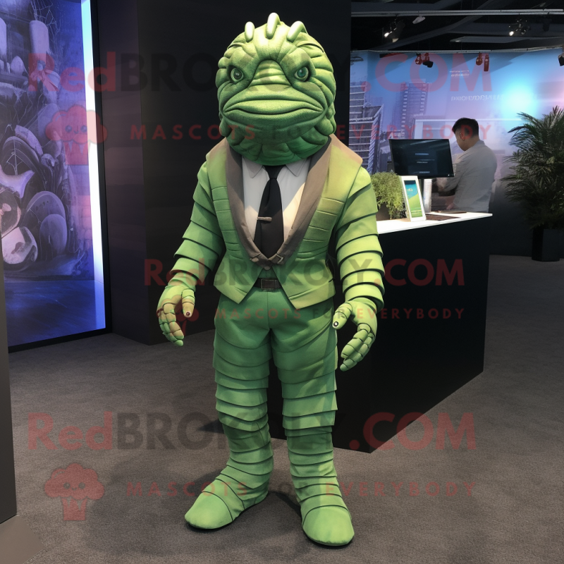 Green Trilobite mascot costume character dressed with a Suit Jacket and Suspenders Green Trilobite mascot costume character dressed with a Suit Jacket and Suspenders