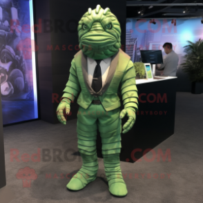 Green Trilobite mascot costume character dressed with a Suit Jacket and Suspenders