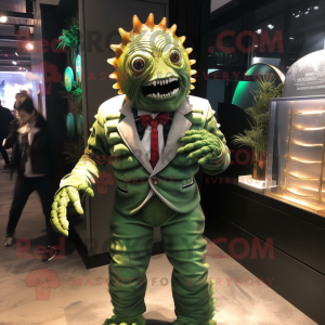 Green Trilobite mascot costume character dressed with a Suit Jacket and Suspenders