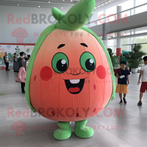 Peach Watermelon mascot costume character dressed with a Dress and Backpacks