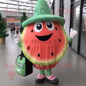 Peach Watermelon mascot costume character dressed with a Dress and Backpacks