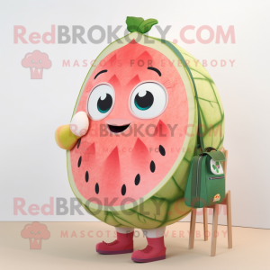 Peach Watermelon mascot costume character dressed with a Dress and Backpacks