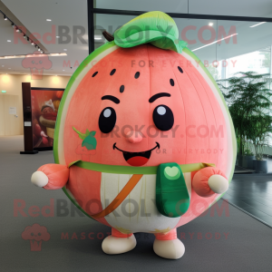 Peach Watermelon mascot costume character dressed with a Dress and Backpacks