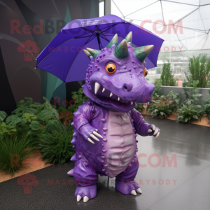 Purple Stegosaurus mascot costume character dressed with a Raincoat and Earrings