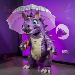 Purple Stegosaurus mascot costume character dressed with a Raincoat and Earrings