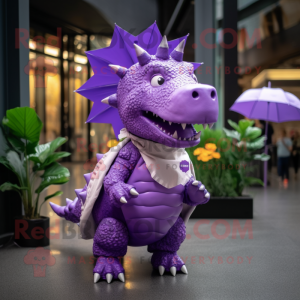 Purple Stegosaurus mascot costume character dressed with a Raincoat and Earrings