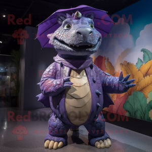 Purple Stegosaurus mascot costume character dressed with a Raincoat and Earrings