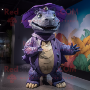 Purple Stegosaurus mascot costume character dressed with a Raincoat and Earrings