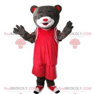 Mascotte d'ours gris en tenue de sport rouge, ours sportif -