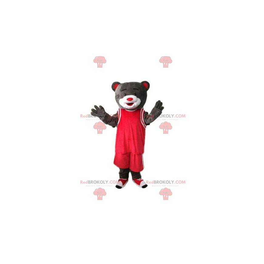 Mascotte d'ours gris en tenue de sport rouge, ours sportif -