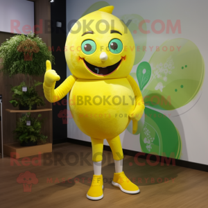 Lemon Yellow Raspberry mascot costume character dressed with a Leggings and Foot pads